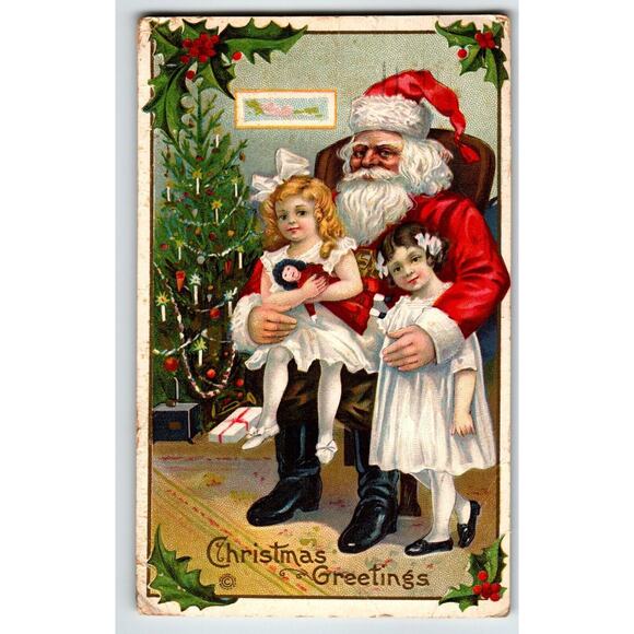 Santa Claus Christmas Postcard Children Tree Lighted Candle Embossed Stecher 227 - Picture 2 of 3